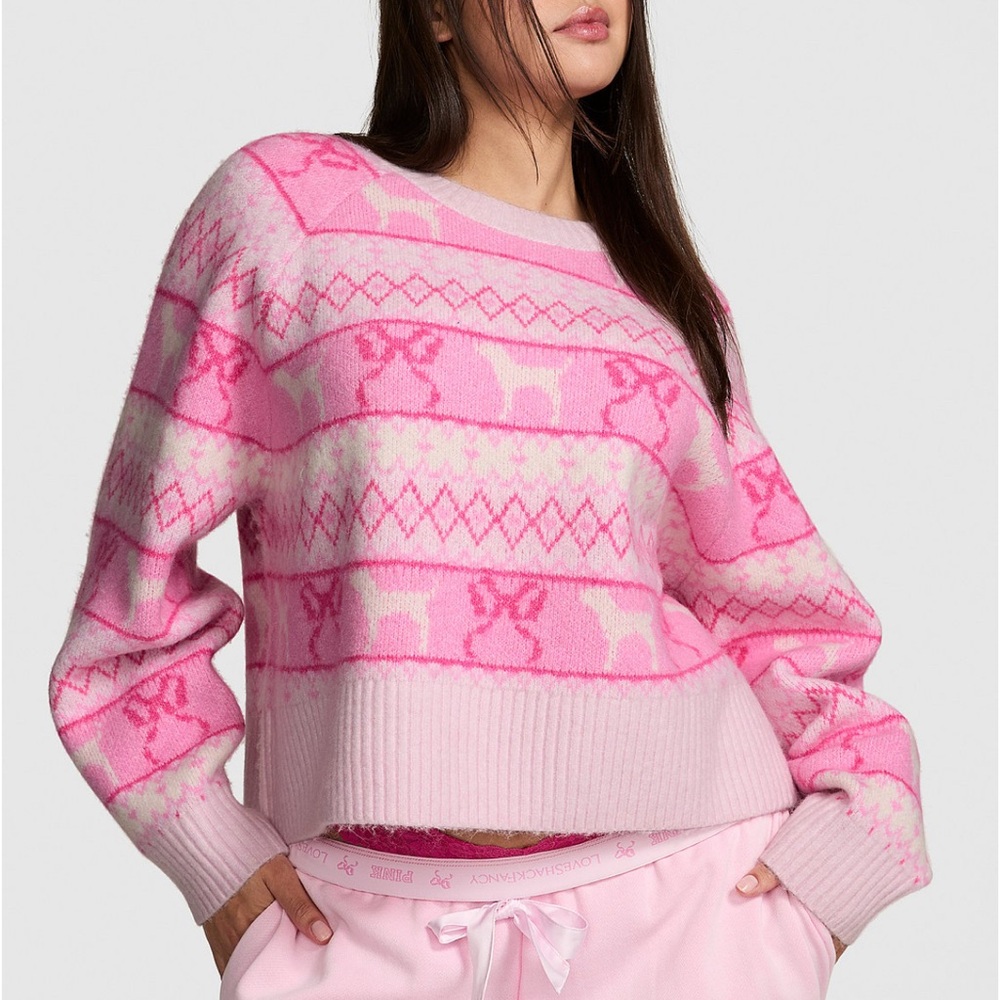 Victoria Secret PINK loveshackfancy Boxy Sweater Tulip Fairisle Dog Bow X-LARGE